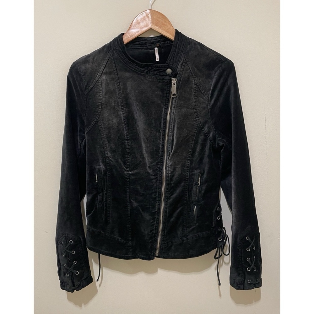 Free People Jacket Size Medium Lace-Up Sleeves Velvet Moto Jacket Romantic